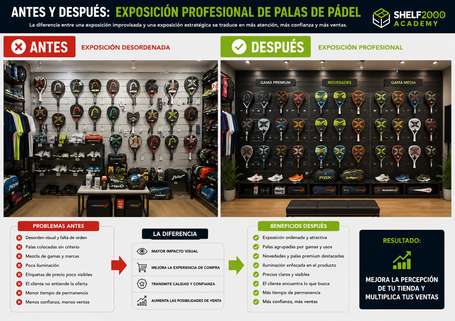 Antes y después de una exposición profesional de palas de pádel